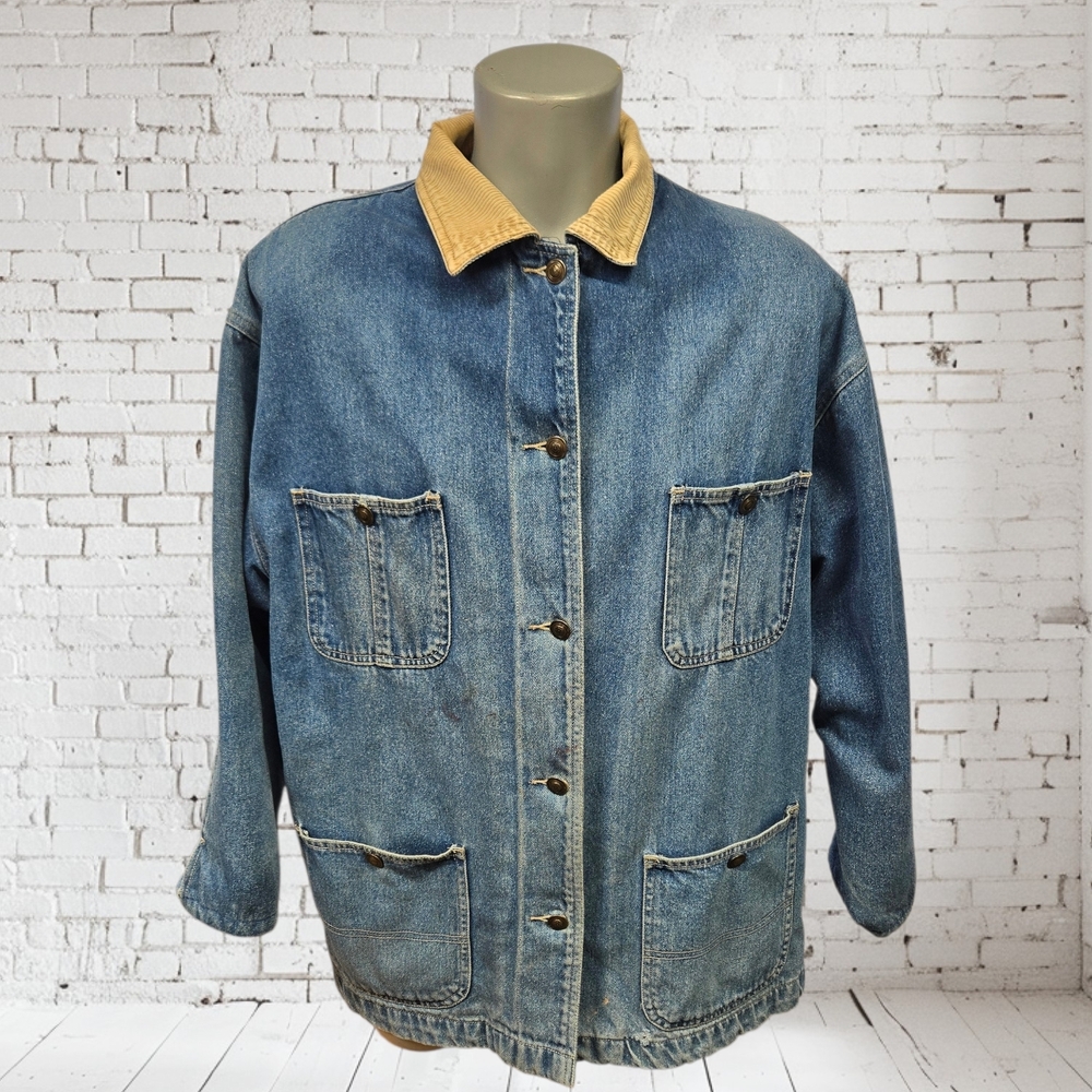 Vintage Distressed Great Lands Barn Coat Denim Flannel Lined Corduroy Collar